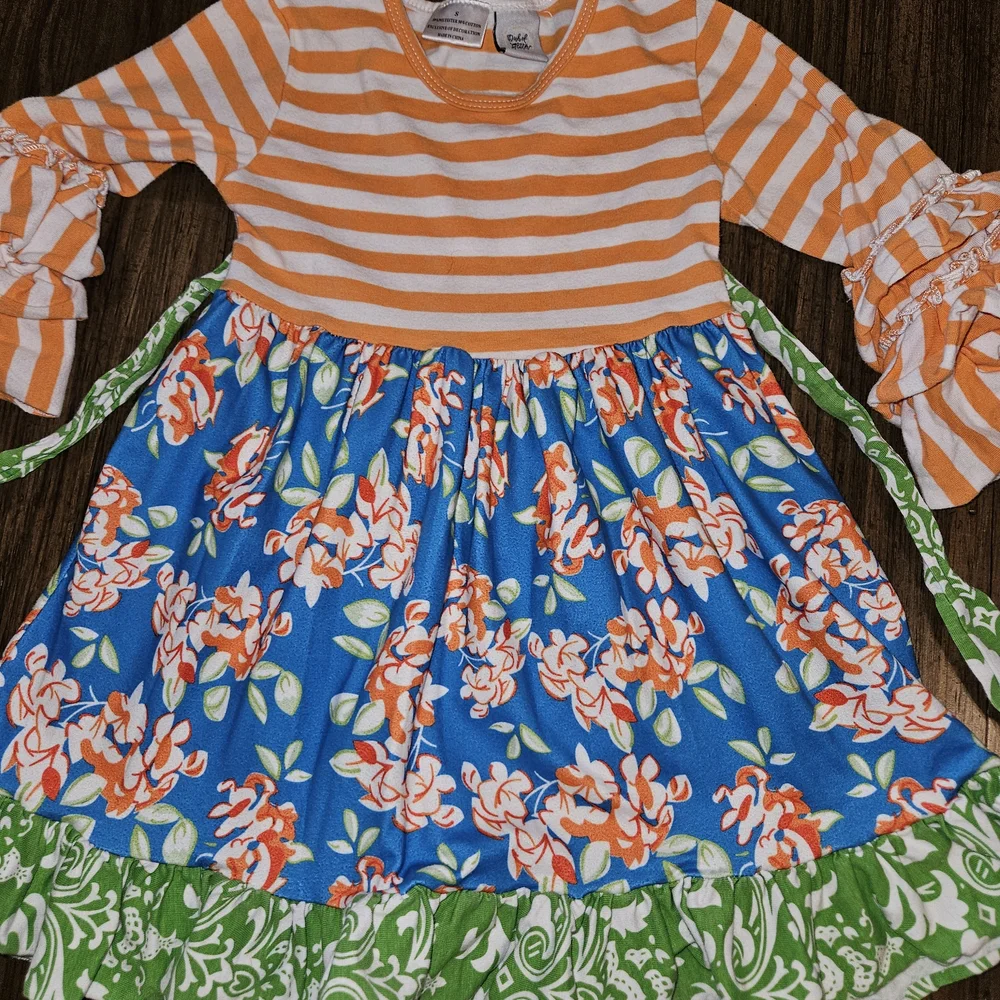 Vibrant Kids Dress with Orange Stripes and Floral Design